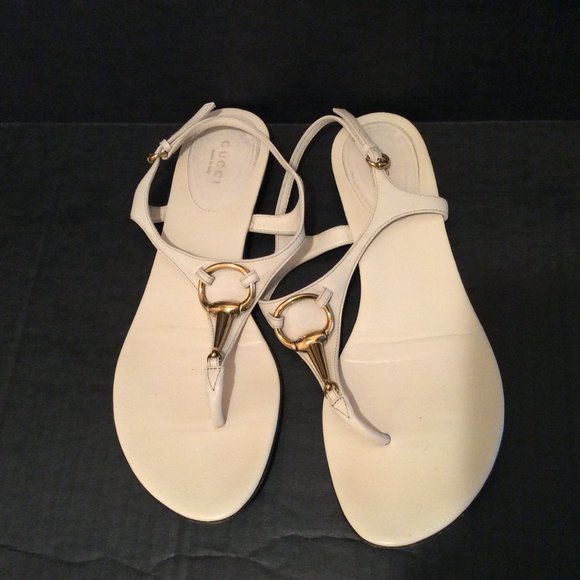 Gucci Shoes - Gucci Sandals Cream Gold Metal Detail 37.5 Ankle